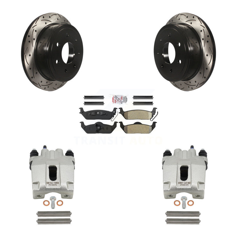 Rear Disc Brake Coated Caliper Drilled Slotted Rotors And Semi-Metallic Pads Kit For Ford F-150 Lincoln Mark LT KCD-101536N