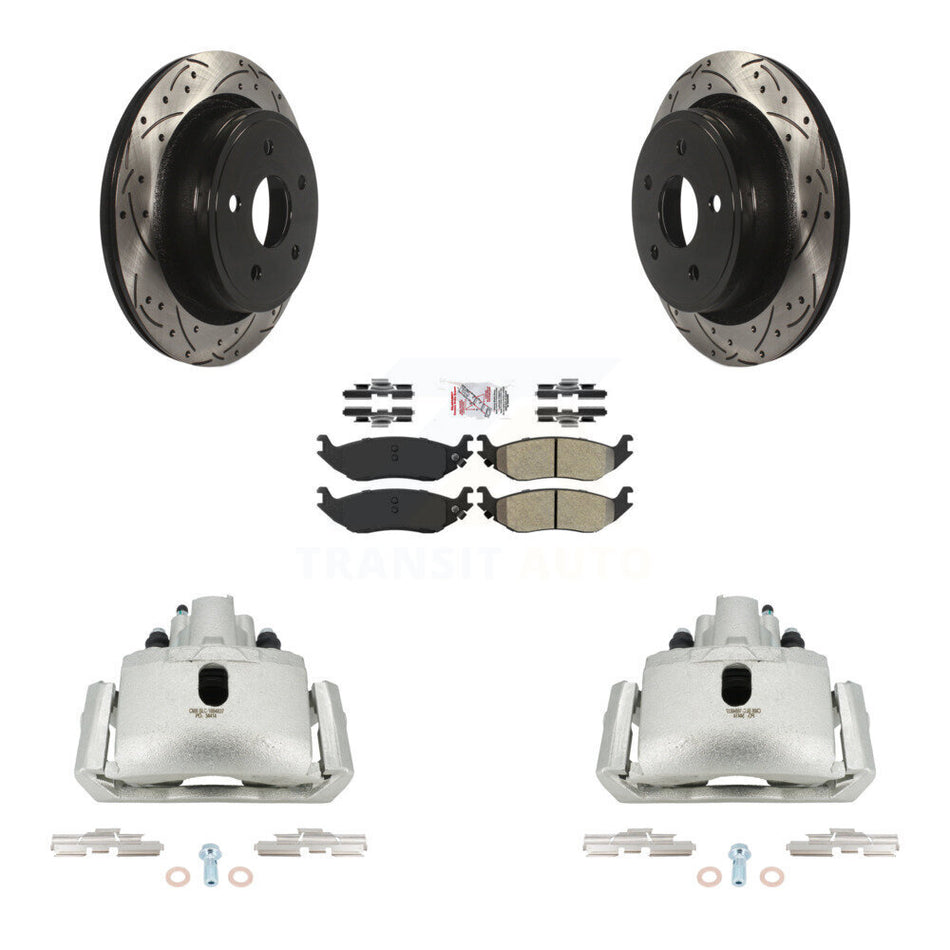 Rear Brake Caliper Drill Slotted Rotors Semi-Metallic Pad Kit For Ram 1500 Classic Dodge KCD-101582N