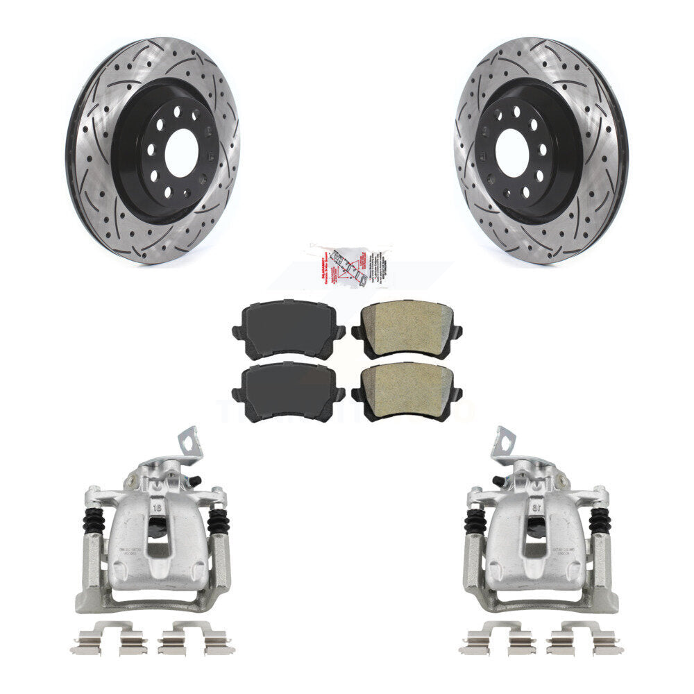 Rear Brake Caliper Drill Slot Rotors Semi-Metallic Pad Kit For Volkswagen Passat CC 2.0L KCD-101614N