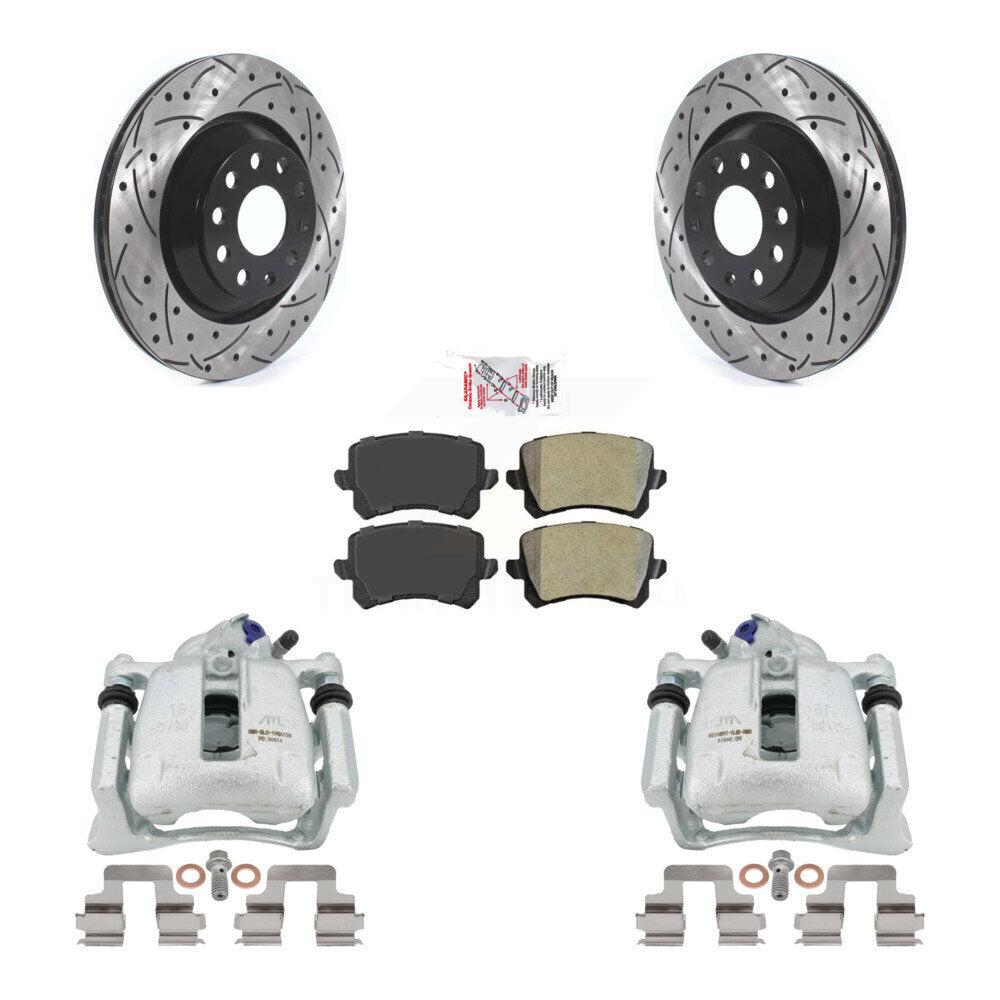 Rear Disc Brake Coated Caliper Drilled Slotted Rotors And Semi-Metallic Pads Kit For Volkswagen Passat CC KCD-101615N by Transit Auto