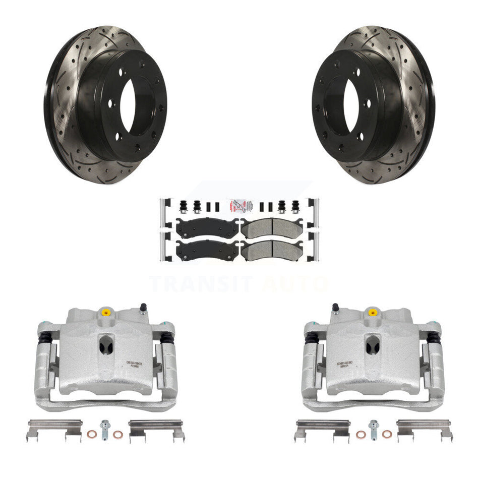 Rear Disc Brake Coated Caliper Drilled Slotted Rotors And Semi-Metallic Pads Kit For Chevrolet Silverado 2500 HD GMC Sierra Hummer H2 1500 Suburban Yukon XL Avalanche Classic KCD-101656N