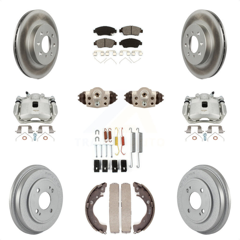 Front Rear Disc Brake Caliper Coated Rotors Drums Semi-Metallic Pads Shoes Wheel Cylinders And Hardware Kit (11Pc) For Honda Fit KCG-100332S by Transit Auto