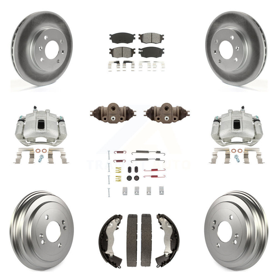 Front Rear Disc Brake Caliper Coated Rotors Drums Semi-Metallic Pads Shoes Wheel Cylinders And Hardware Kit (11Pc) For Hyundai Accent Kia Rio Rio5 KCG-100333S