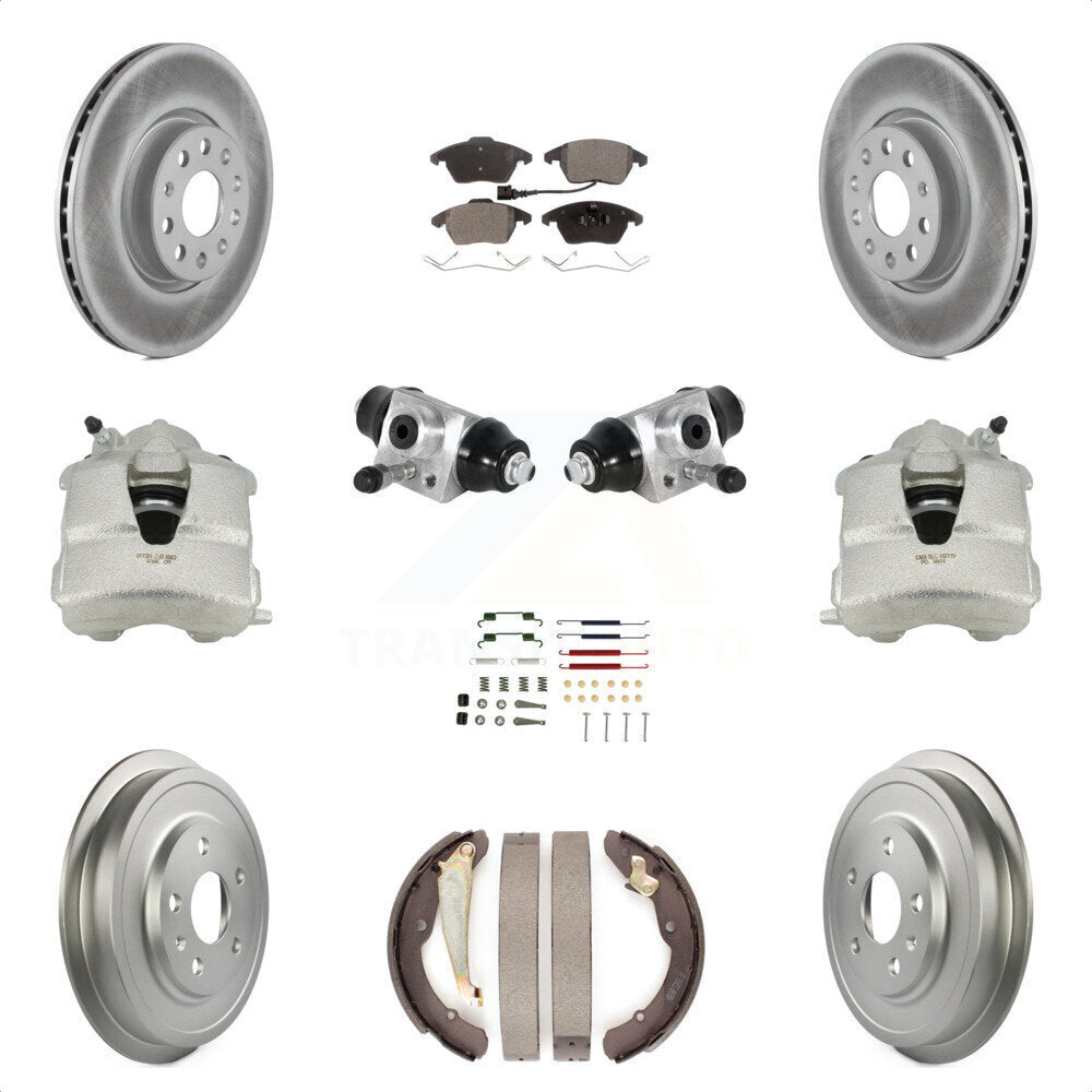 Front Rear Disc Brake Caliper Coated Rotors Drums Semi-Metallic Pads Shoes Wheel Cylinders And Hardware Kit (11Pc) For Volkswagen Jetta With 312mm Diameter Rotor KCG-100343P by Transit Auto