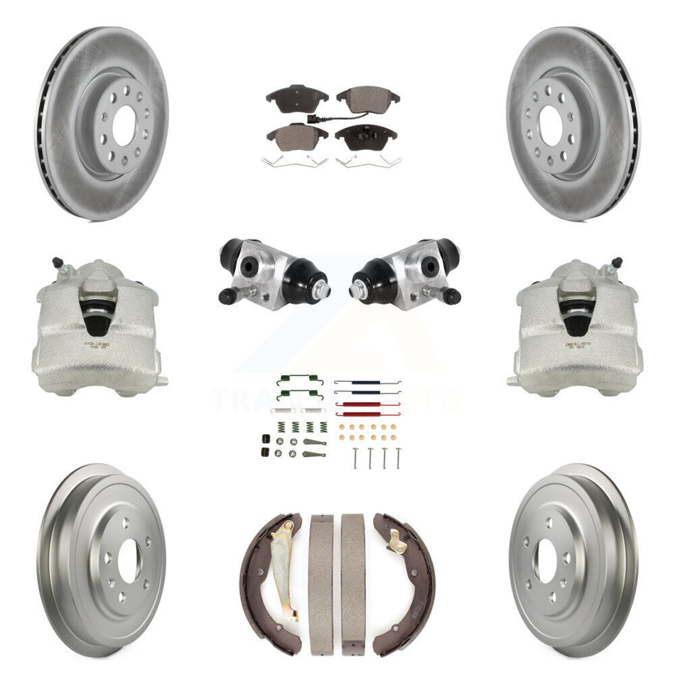 Front Rear Disc Brake Caliper Coated Rotors Drums Semi-Metallic Pads Shoes Wheel Cylinders And Hardware Kit (11Pc) For Volkswagen Jetta With 312mm Diameter Rotor KCG-100343P