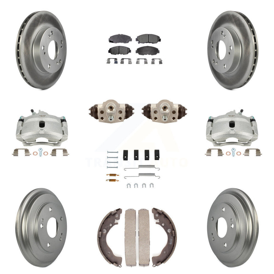 Front Rear Disc Brake Caliper Coated Rotors Drums Ceramic Pads Shoes Wheel Cylinders And Hardware Kit (11Pc) For Honda Civic KCG-100345T