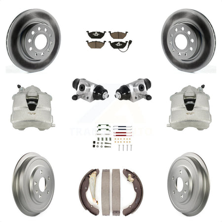 Front Rear Disc Brake Caliper Coated Rotors Drums Ceramic Pads Shoes Wheel Cylinders And Hardware Kit (11Pc) For Volkswagen Jetta With 280mm Diameter Rotor KCG-100346C by Transit Auto