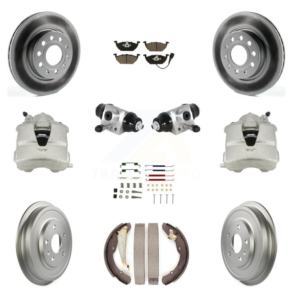 Front Rear Disc Brake Caliper Coated Rotors Drums Ceramic Pads Shoes Wheel Cylinders And Hardware Kit (11Pc) For Volkswagen Jetta With 280mm Diameter Rotor KCG-100346C