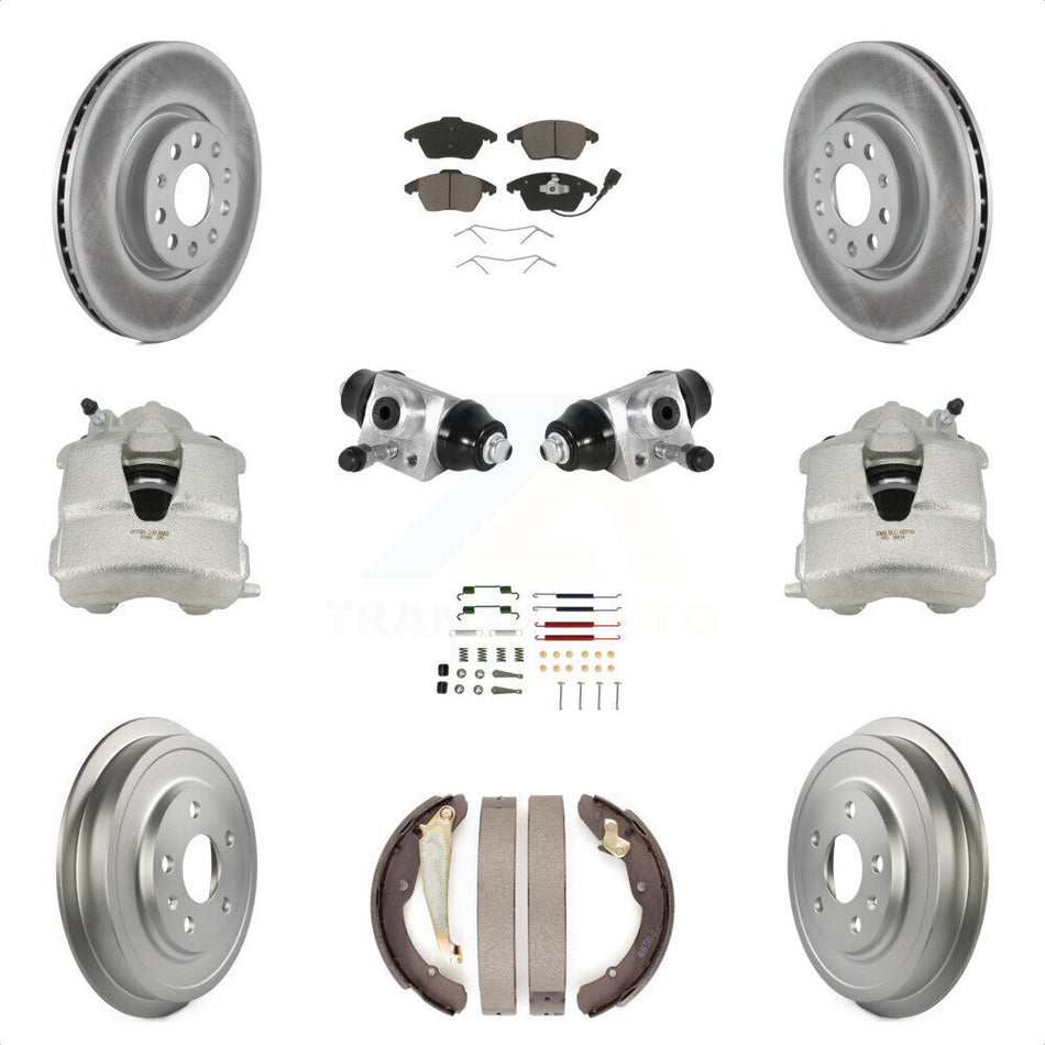 Front Rear Disc Brake Caliper Coated Rotors Drums Ceramic Pads Shoes Wheel Cylinders And Hardware Kit (11Pc) For Volkswagen Jetta With 312mm Diameter Rotor KCG-100347C by Transit Auto