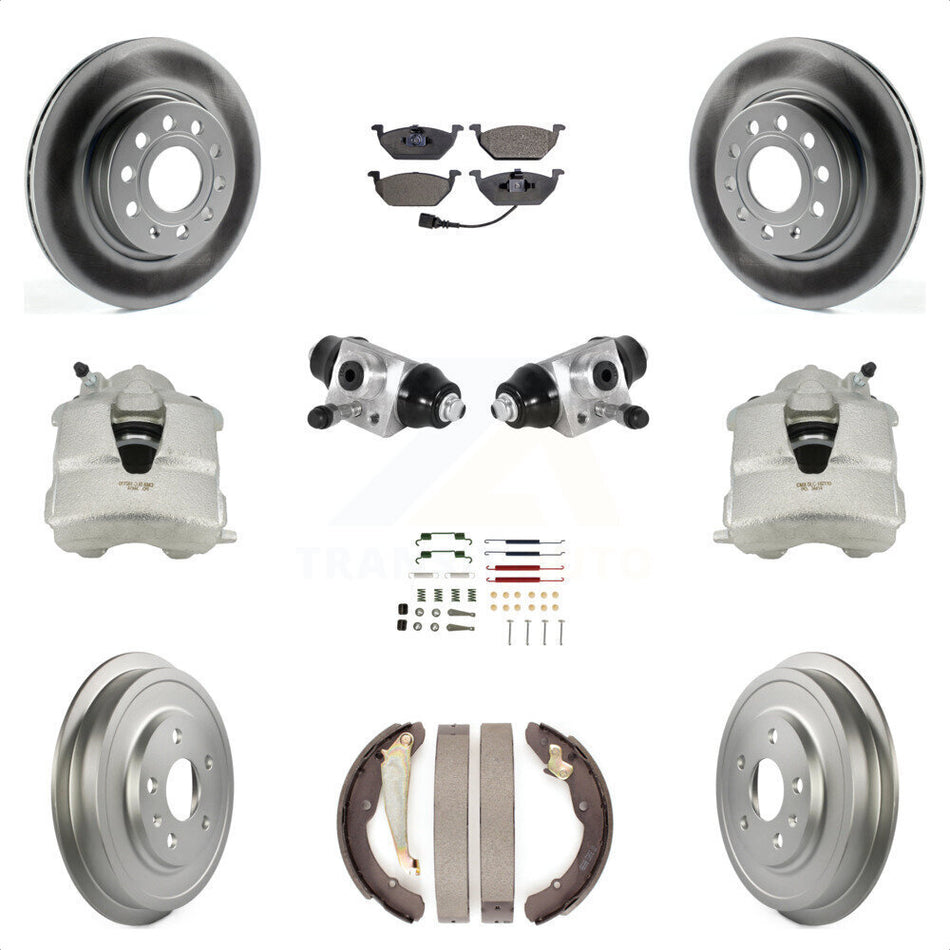 Front Rear Disc Brake Caliper Coated Rotors Drums Semi-Metallic Pads Shoes Wheel Cylinders And Hardware Kit (11Pc) For Volkswagen Jetta With 280mm Diameter Rotor KCG-100347P by Transit Auto