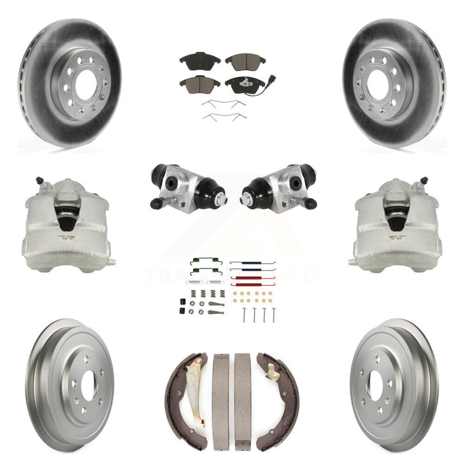 Front Rear Disc Brake Caliper Coated Rotors Drums Ceramic Pads Shoes Wheel Cylinders And Hardware Kit (11Pc) For Volkswagen Jetta With 288mm Diameter Rotor KCG-100348C