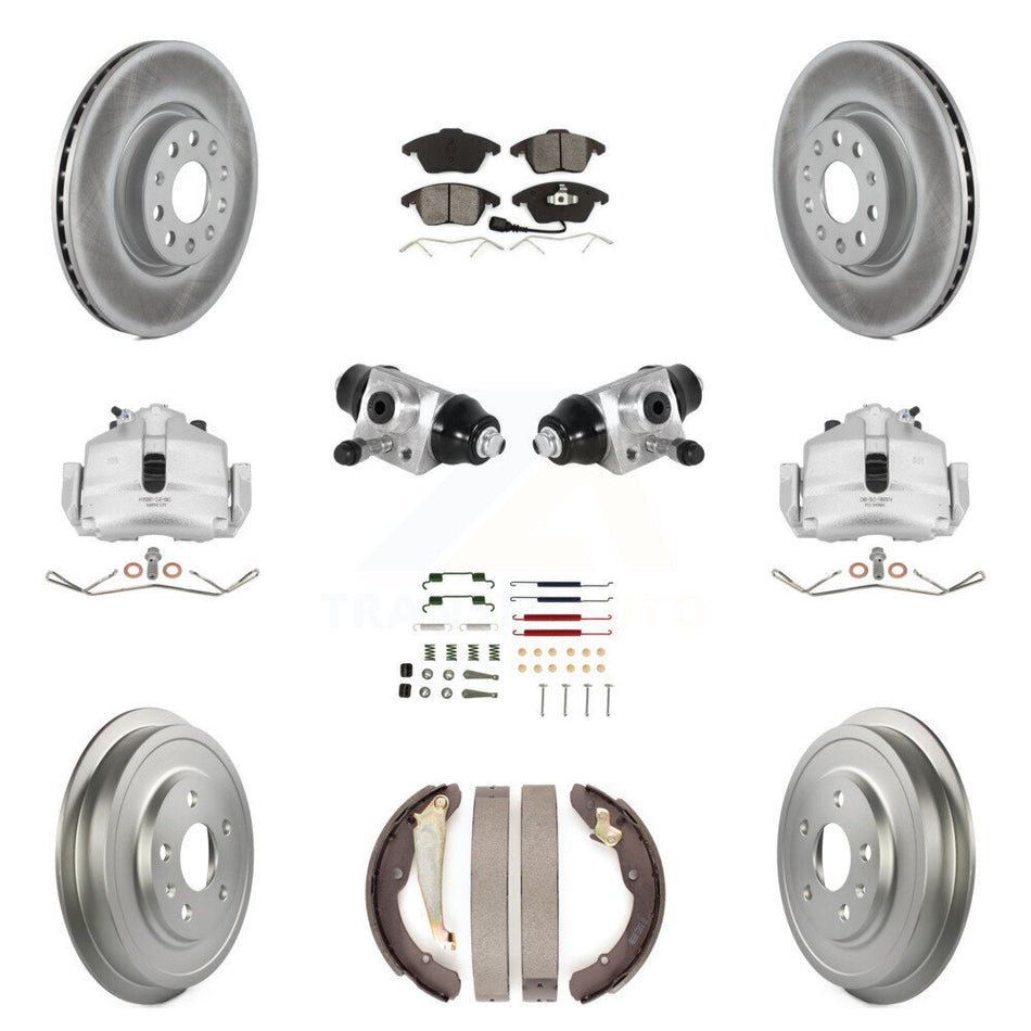 Front Rear Brake Caliper Coated Rotor Drum Semi-Metallic Pad Shoes Cylinder Hardware Kit (11Pc) For Volkswagen Jetta 2.5L with rear brakes With 312mm Diameter KCG-100349S