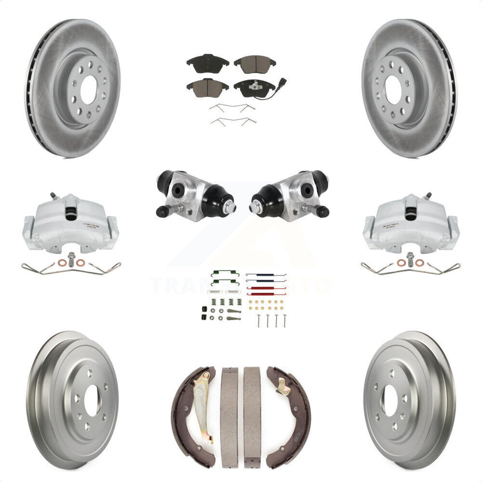 Front Rear Brake Caliper Coated Rotor Drum Ceramic Pad Shoes Cylinder Hardware Kit (11Pc) For 11-12 Volkswagen Jetta 2.5L with rear brakes With 312mm Diameter KCG-100350C by Transit Auto