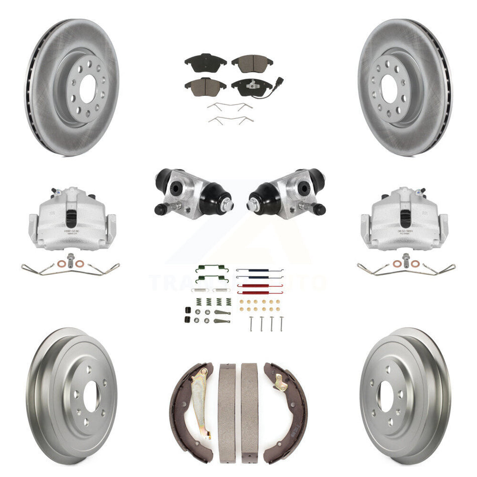 Front Rear Brake Caliper Coated Rotor Drum Ceramic Pad Shoes Cylinder Hardware Kit (11Pc) For 11-12 Volkswagen Jetta 2.5L with rear brakes With 312mm Diameter KCG-100350C
