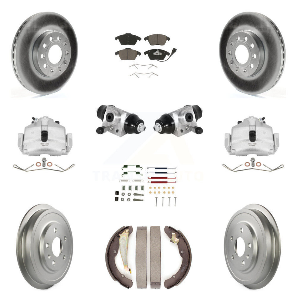 Front Rear Brake Caliper Coated Rotor Drum Ceramic Pad Shoes Cylinder Hardware Kit (11Pc) For 11-12 Volkswagen Jetta 2.5L with rear brakes With 288mm Diameter KCG-100351C