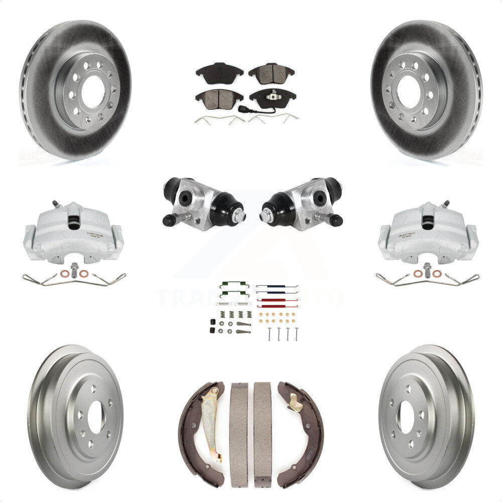 Front Rear Brake Caliper Coated Rotor Drum Semi-Metallic Pad Shoes Cylinder Hardware Kit (11Pc) For Volkswagen Jetta 2.5L with rear brakes With 288mm Diameter KCG-100351S by Transit Auto