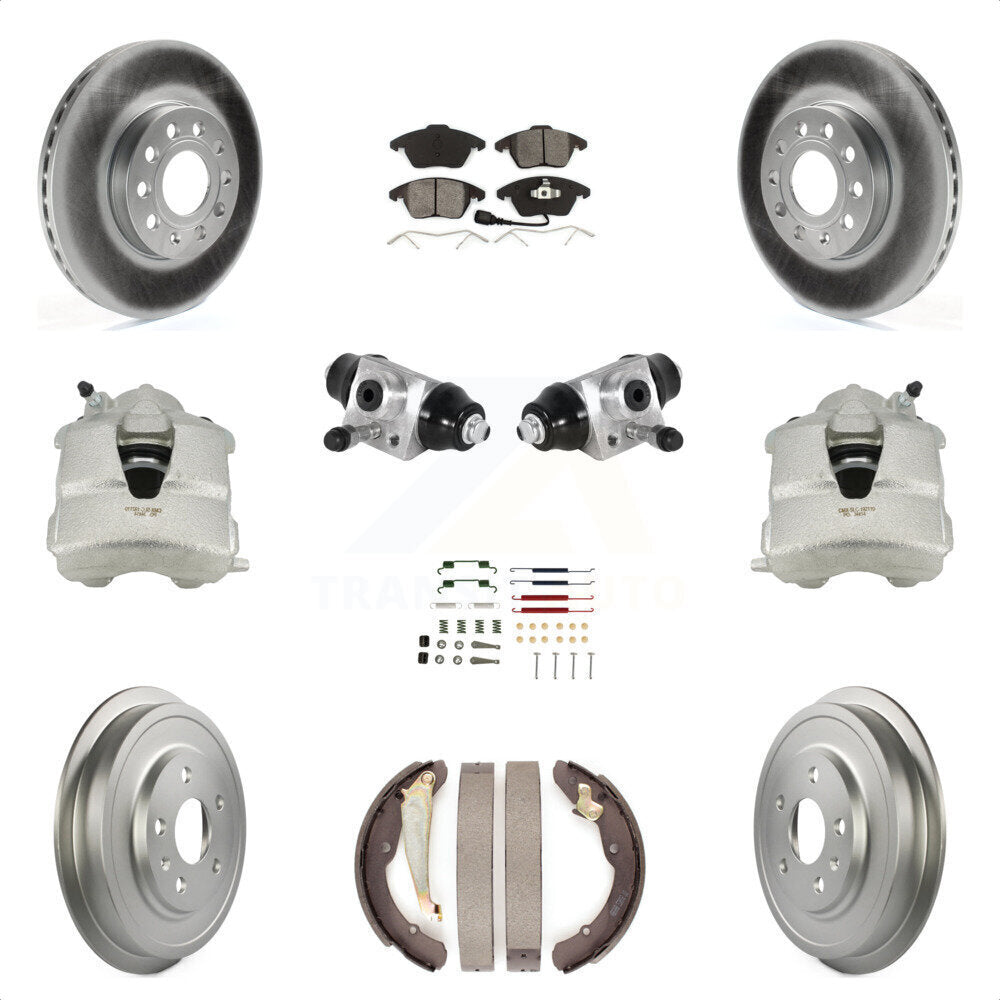 Front Rear Disc Brake Caliper Coated Rotors Drums Semi-Metallic Pads Shoes Wheel Cylinders And Hardware Kit (11Pc) For Volkswagen Jetta With 288mm Diameter Rotor KCG-100352S by Transit Auto