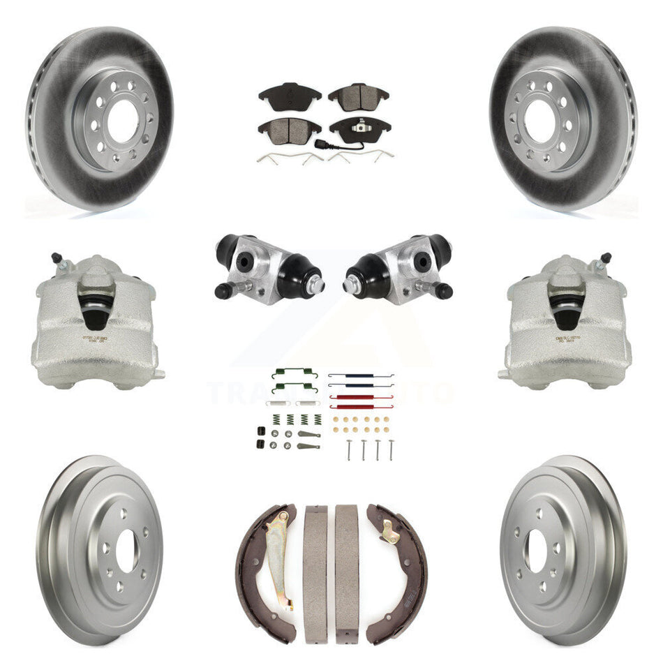 Front Rear Disc Brake Caliper Coated Rotors Drums Semi-Metallic Pads Shoes Wheel Cylinders And Hardware Kit (11Pc) For Volkswagen Jetta With 288mm Diameter Rotor KCG-100352S