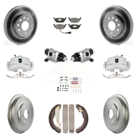 Front Rear Brake Caliper Coated Rotor Drum Semi-Metallic Pad Shoes Cylinder Hardware Kit (11Pc) For Volkswagen Jetta 2.5L with rear brakes With 280mm Diameter KCG-100353S by Transit Auto