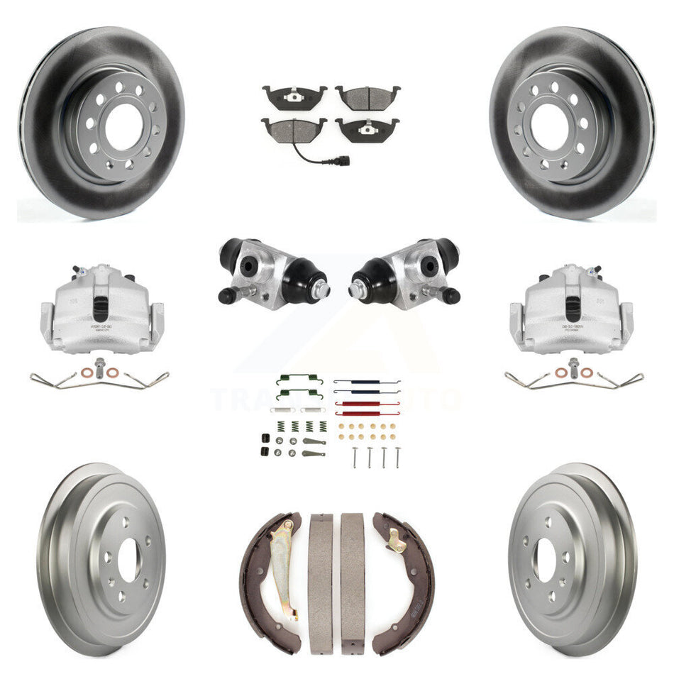 Front Rear Brake Caliper Coated Rotor Drum Semi-Metallic Pad Shoes Cylinder Hardware Kit (11Pc) For Volkswagen Jetta 2.5L with rear brakes With 280mm Diameter KCG-100353S