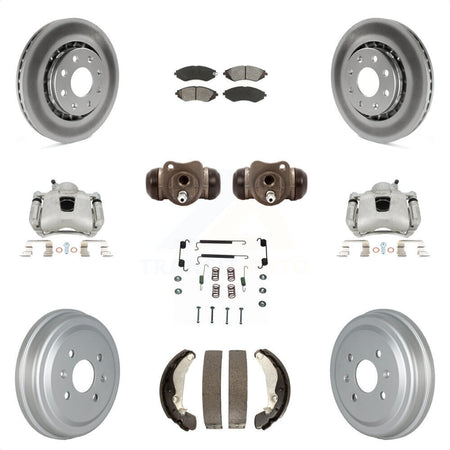 Front Rear Disc Brake Caliper Coated Rotor Drum Semi-Metallic Pad Shoes Wheel Cylinder & Hardware Kit (11Pc) For Chevrolet Aveo Spark Aveo5 Pontiac G3 Suzuki Wave Wave5 Swift+ KCG-100356S by Transit Auto