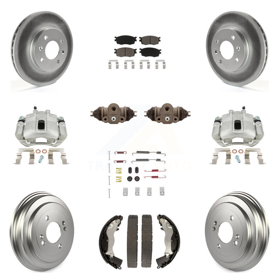 Front Rear Disc Brake Caliper Coated Rotors Drums Ceramic Pads Shoes Wheel Cylinders And Hardware Kit (11Pc) For Hyundai Accent Kia Rio Rio5 KCG-100360C
