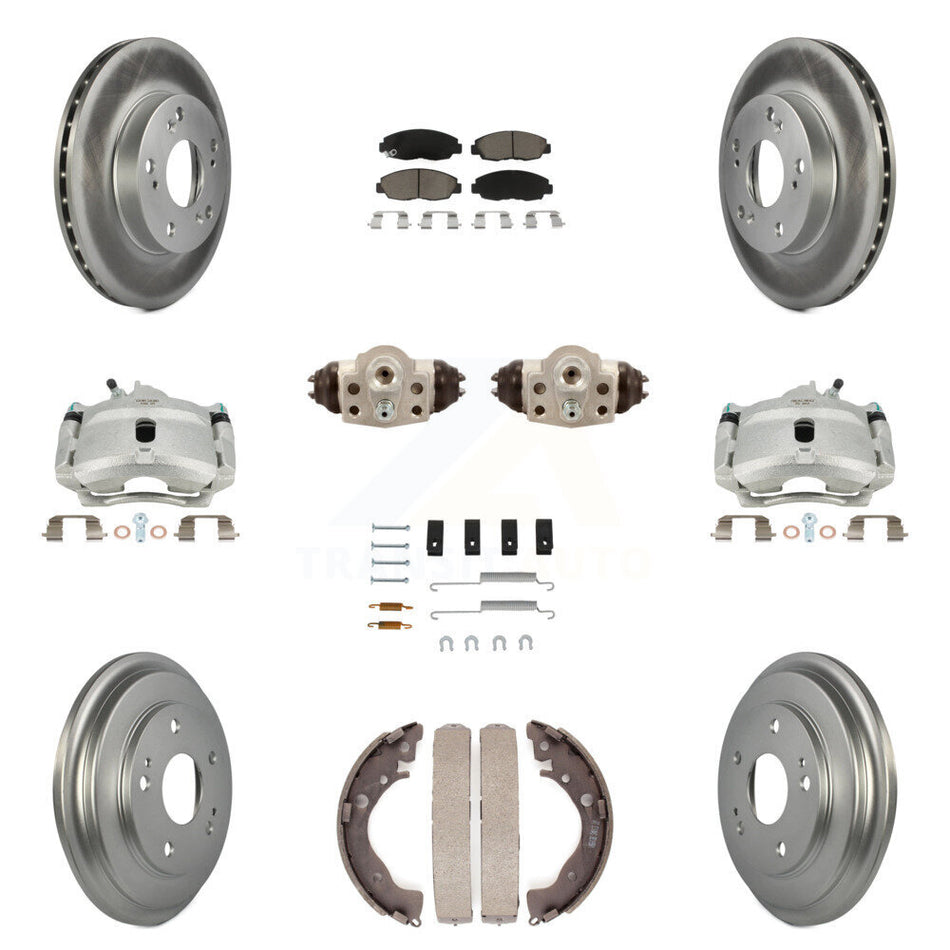 Front Rear Disc Brake Caliper Coated Rotors Drums Ceramic Pads Shoes Wheel Cylinders And Hardware Kit (11Pc) For Honda Civic KCG-100362C