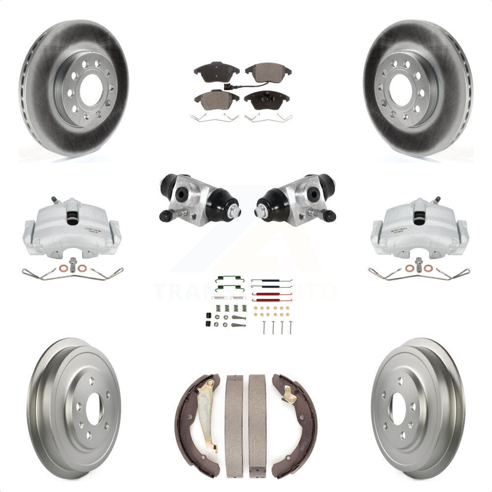 Front Rear Brake Caliper Coated Rotor Drum Ceramic Pad Shoes Cylinder Hardware Kit (11Pc) For 11-12 Volkswagen Jetta 2.5L with rear brakes With 288mm Diameter KCG-100362T by Transit Auto