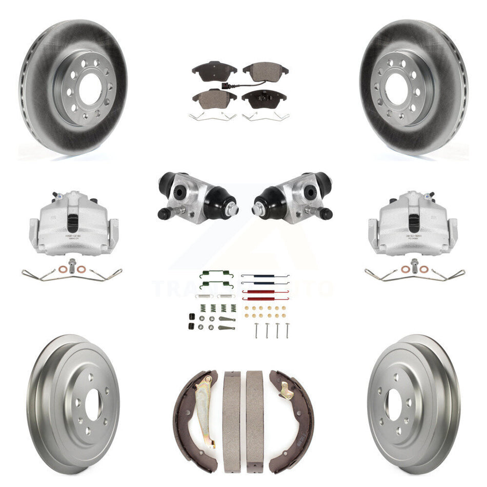 Front Rear Brake Caliper Coated Rotor Drum Ceramic Pad Shoes Cylinder Hardware Kit (11Pc) For 11-12 Volkswagen Jetta 2.5L with rear brakes With 288mm Diameter KCG-100362T