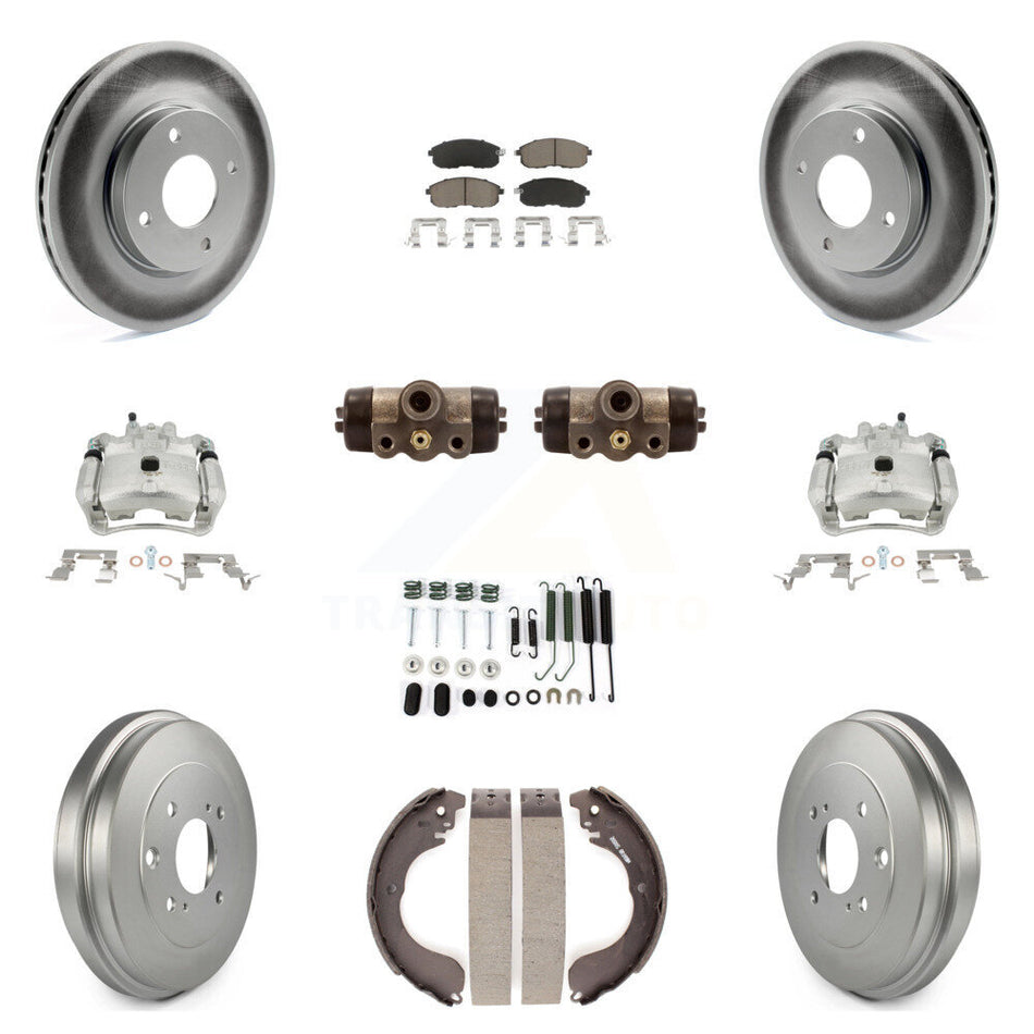 Front Rear Disc Brake Caliper Coated Rotors Drums Ceramic Pads Shoes Wheel Cylinders And Hardware Kit (11Pc) For Nissan Sentra KCG-100363C