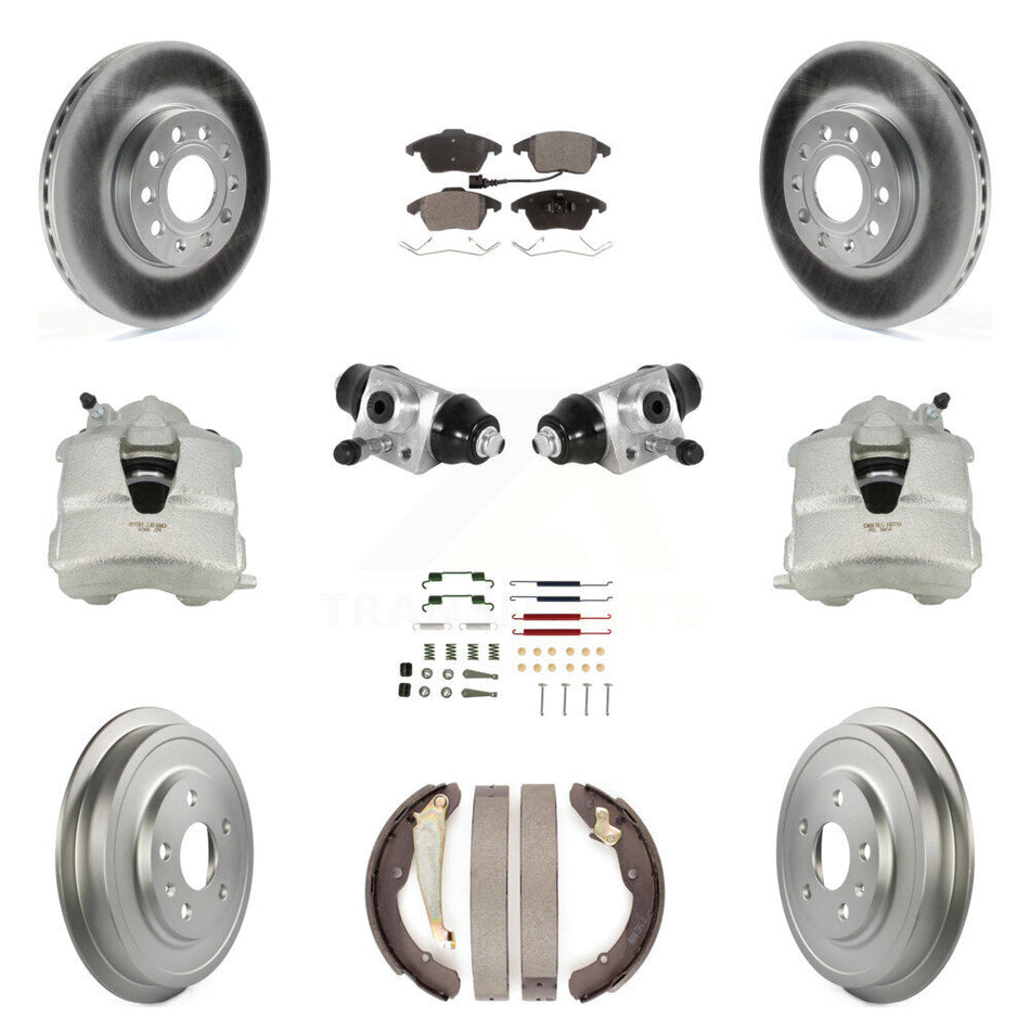 Front Rear Disc Brake Caliper Coated Rotors Drums Ceramic Pads Shoes Wheel Cylinders And Hardware Kit (11Pc) For Volkswagen Jetta With 288mm Diameter Rotor KCG-100363T