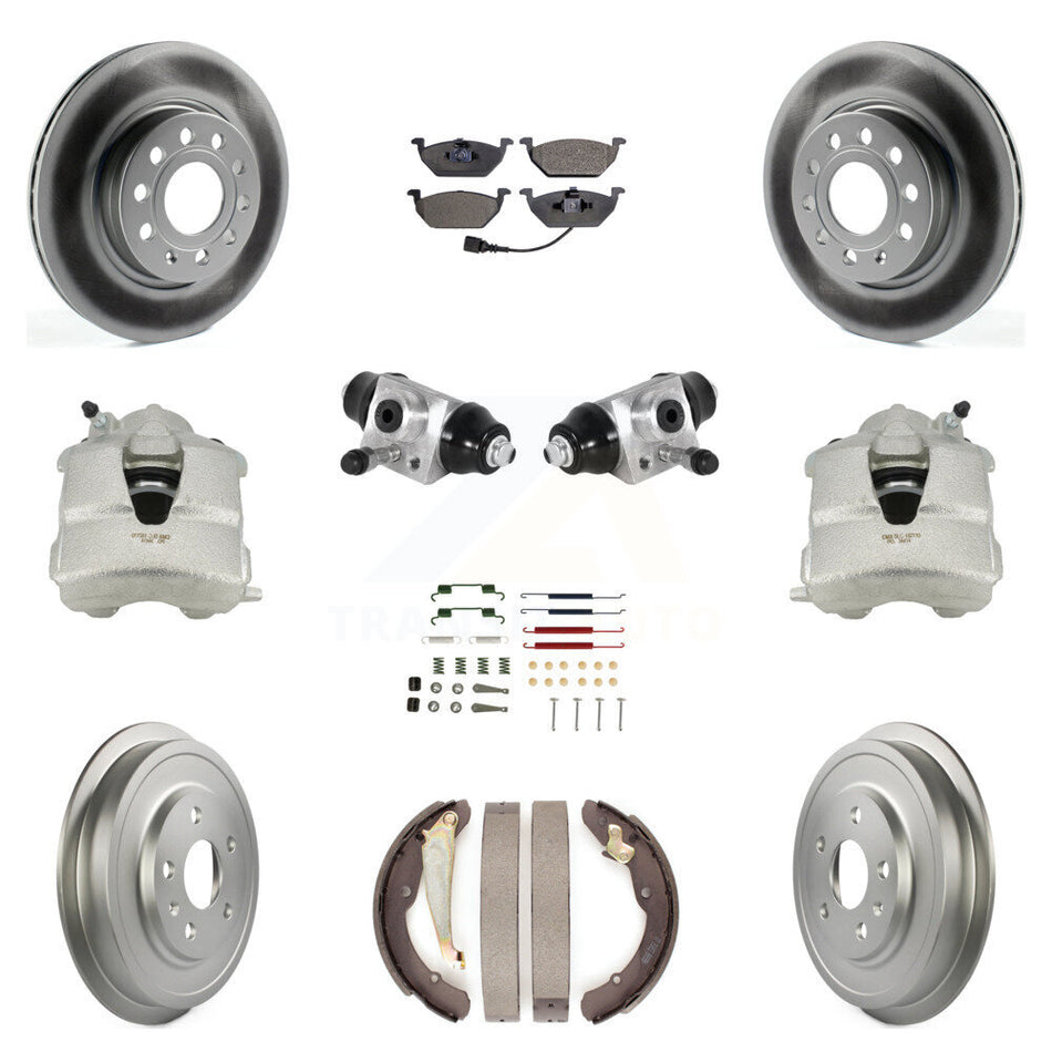Front Rear Disc Brake Caliper Coated Rotors Drums Ceramic Pads Shoes Wheel Cylinders And Hardware Kit (11Pc) For Volkswagen Jetta With 280mm Diameter Rotor KCG-100365T