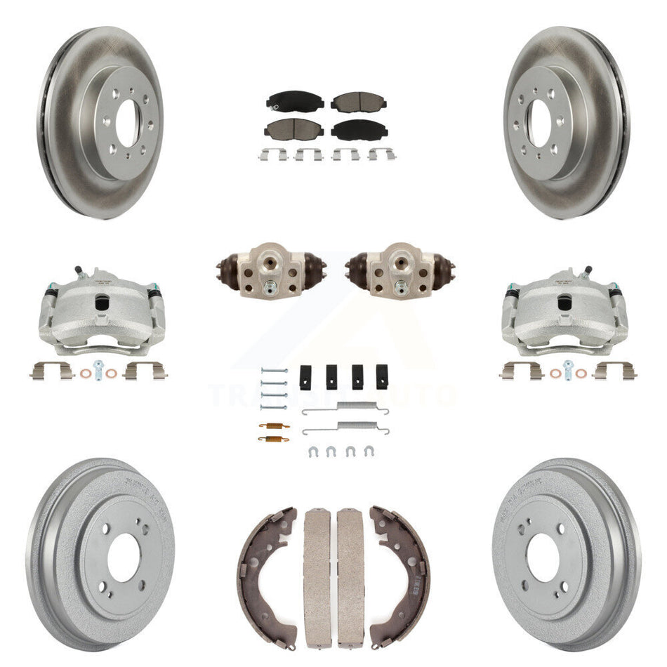 Front Rear Disc Brake Caliper Coated Rotors Drums Ceramic Pads Shoes Wheel Cylinders And Hardware Kit (11Pc) For Honda Insight KCG-100366C