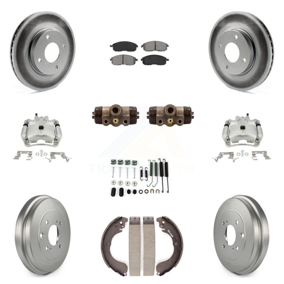 Front Rear Disc Brake Caliper Coated Rotors Drums Semi-Metallic Pads Shoes Wheel Cylinders And Hardware Kit (11Pc) For Nissan Sentra KCG-100370S