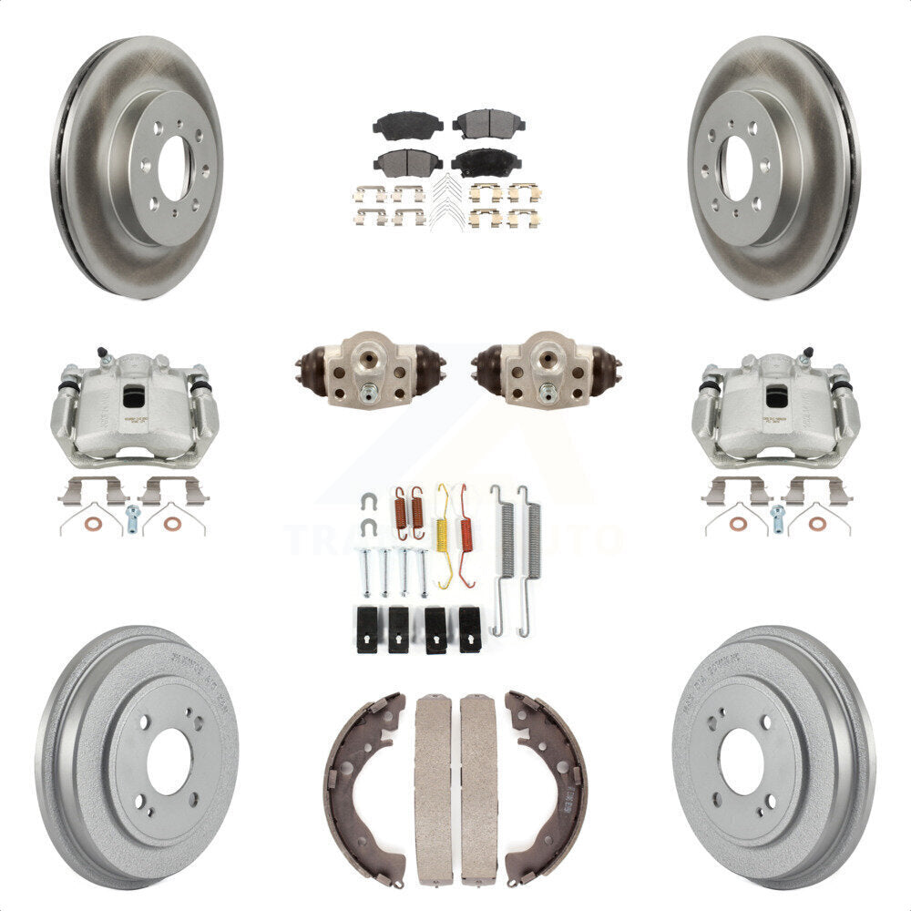 Front Rear Disc Brake Caliper Coated Rotors Drums Semi-Metallic Pads Shoes Wheel Cylinders And Hardware Kit (11Pc) For Honda Fit KCG-100372P by Transit Auto