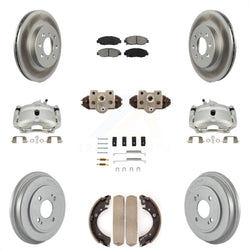 Front Rear Disc Brake Caliper Coated Rotors Drums Semi-Metallic Pads Shoes Wheel Cylinders And Hardware Kit (11Pc) For Honda Civic KCG-100375S