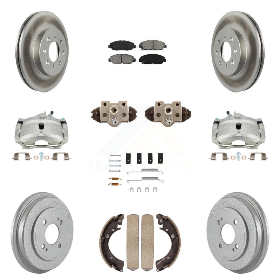 Front Rear Disc Brake Caliper Coated Rotors Drums Semi-Metallic Pads Shoes Wheel Cylinders And Hardware Kit (11Pc) For Honda Civic KCG-100375S