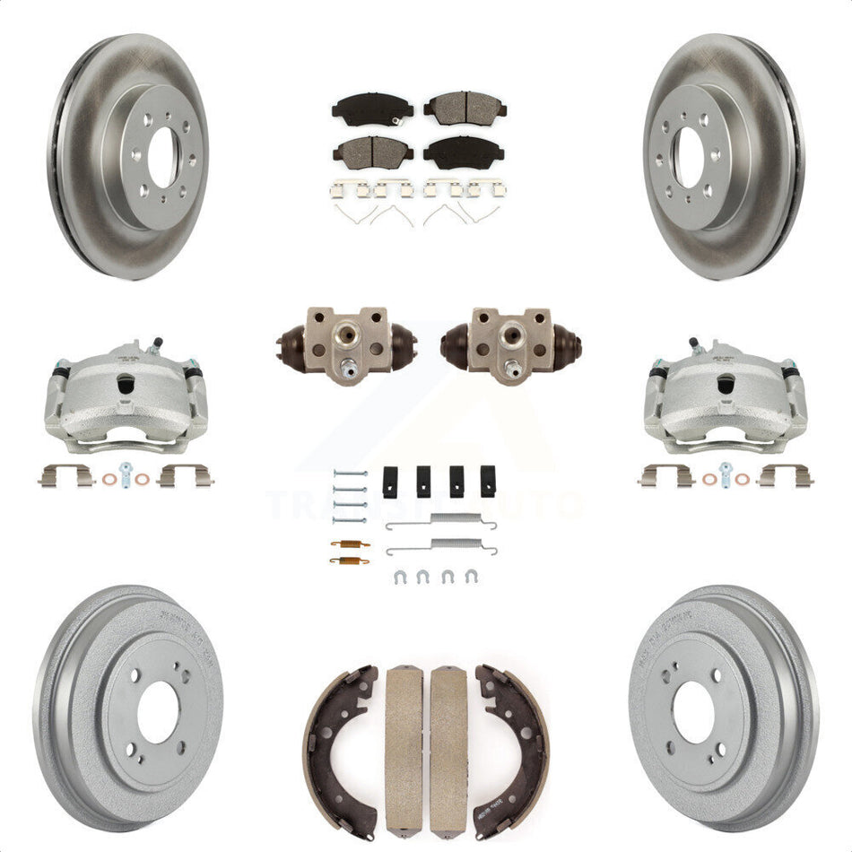 Front Rear Disc Brake Caliper Coated Rotors Drums Semi-Metallic Pads Shoes Wheel Cylinders And Hardware Kit (11Pc) For Honda Civic With 4 Lug Wheels KCG-100376S by Transit Auto