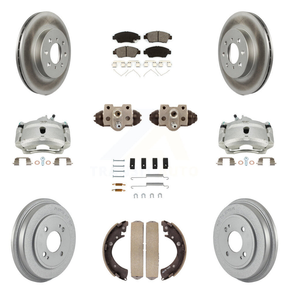 Front Rear Disc Brake Caliper Coated Rotors Drums Semi-Metallic Pads Shoes Wheel Cylinders And Hardware Kit (11Pc) For Honda Civic With 4 Lug Wheels KCG-100376S