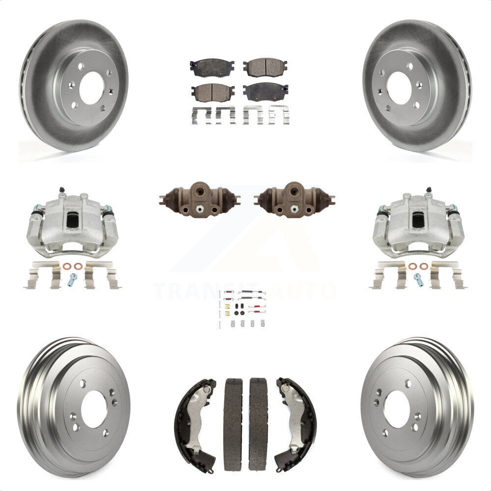 Front Rear Disc Brake Caliper Coated Rotors Drums Semi-Metallic Pads Shoes Wheel Cylinders And Hardware Kit (11Pc) For Hyundai Accent Kia Rio Rio5 KCG-100379P by Transit Auto