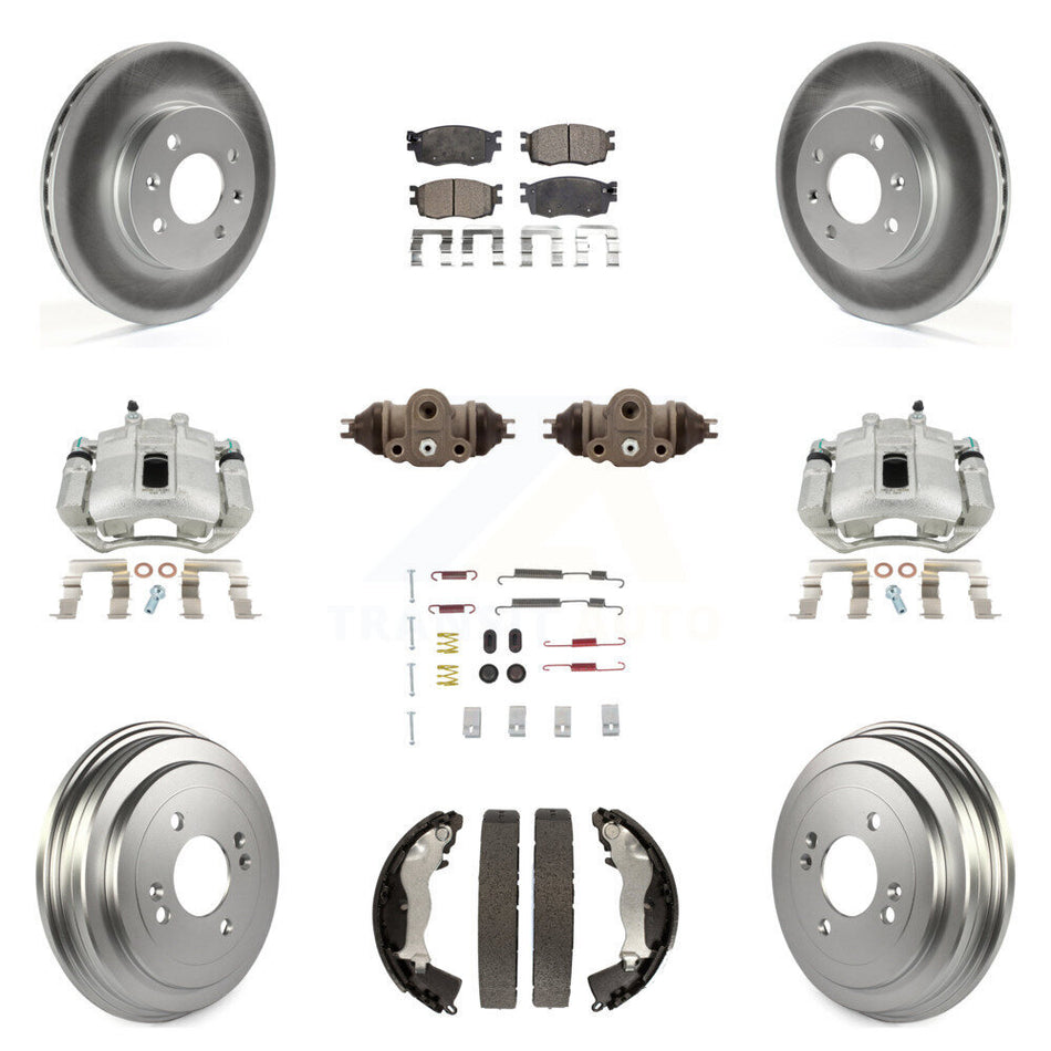 Front Rear Disc Brake Caliper Coated Rotors Drums Semi-Metallic Pads Shoes Wheel Cylinders And Hardware Kit (11Pc) For Hyundai Accent Kia Rio Rio5 KCG-100379P