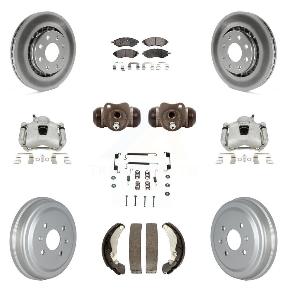 Front Rear Disc Brake Caliper Coated Rotor Drum Semi-Metallic Pad Shoes Wheel Cylinder & Hardware Kit (11Pc) For Chevrolet Aveo Spark Aveo5 Pontiac G3 Suzuki Wave Wave5 Swift+ KCG-100381P
