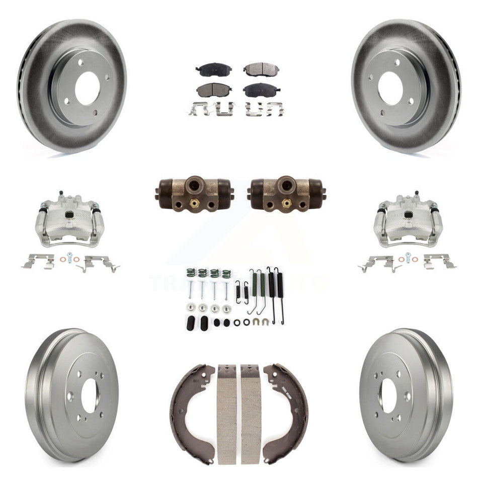 Front Rear Disc Brake Caliper Coated Rotors Drums Ceramic Pads Shoes Wheel Cylinders And Hardware Kit (11Pc) For Nissan Sentra KCG-100381T