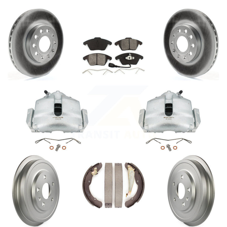 Front Rear Disc Brake Caliper Coated Rotors Drums Semi-Metallic Pads Kit (8Pc) For Volkswagen Jetta With 288mm Diameter Rotor KCG-100382S by Transit Auto