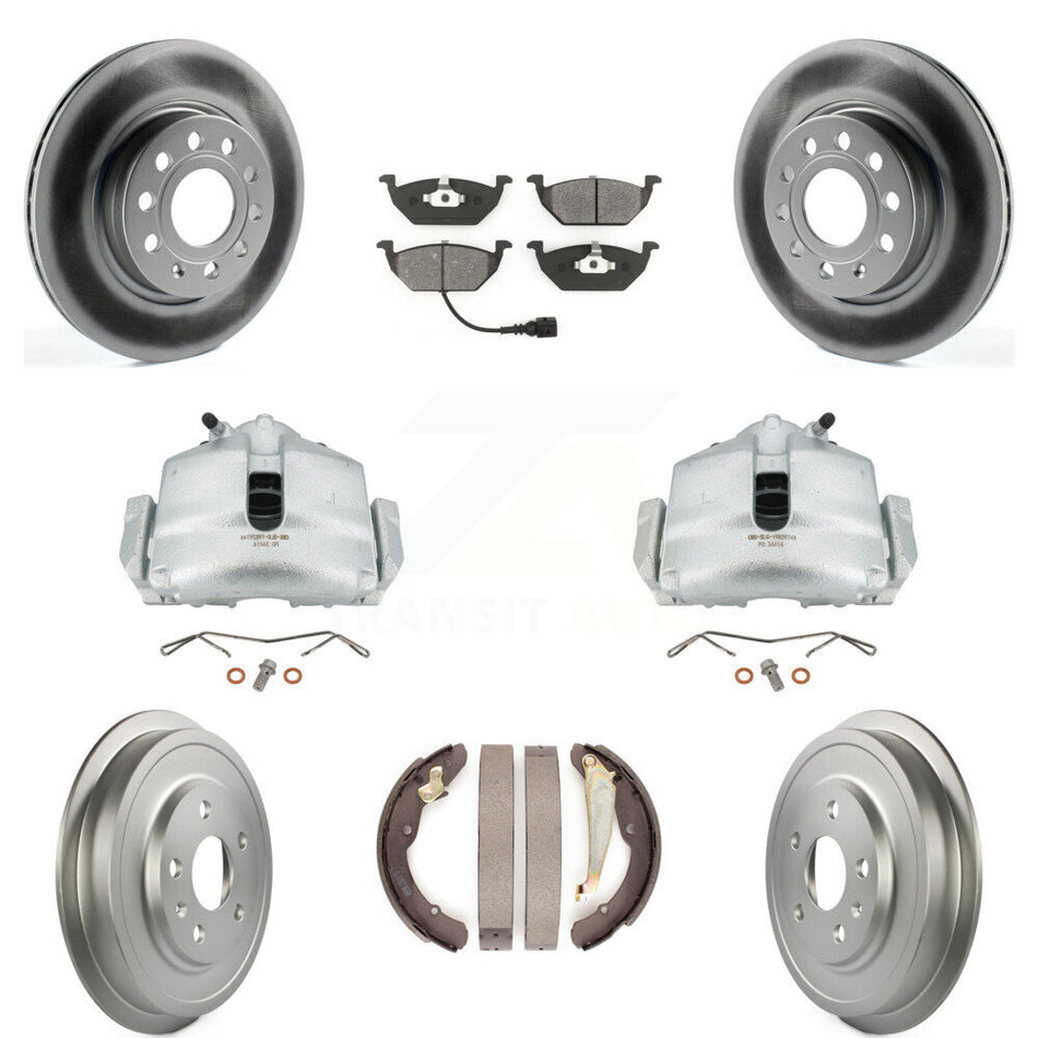 Front Rear Disc Brake Caliper Coated Rotors Drums Semi-Metallic Pads Kit (8Pc) For Volkswagen Jetta With 280mm Diameter Rotor KCG-100383S