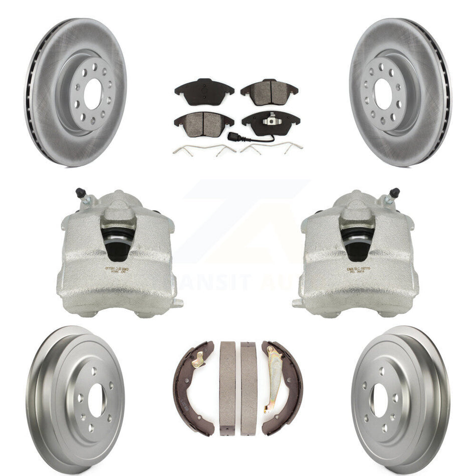 Front Rear Disc Brake Caliper Coated Rotors Drums Semi-Metallic Pads Kit (8Pc) For Volkswagen Jetta With 312mm Diameter Rotor KCG-100384S