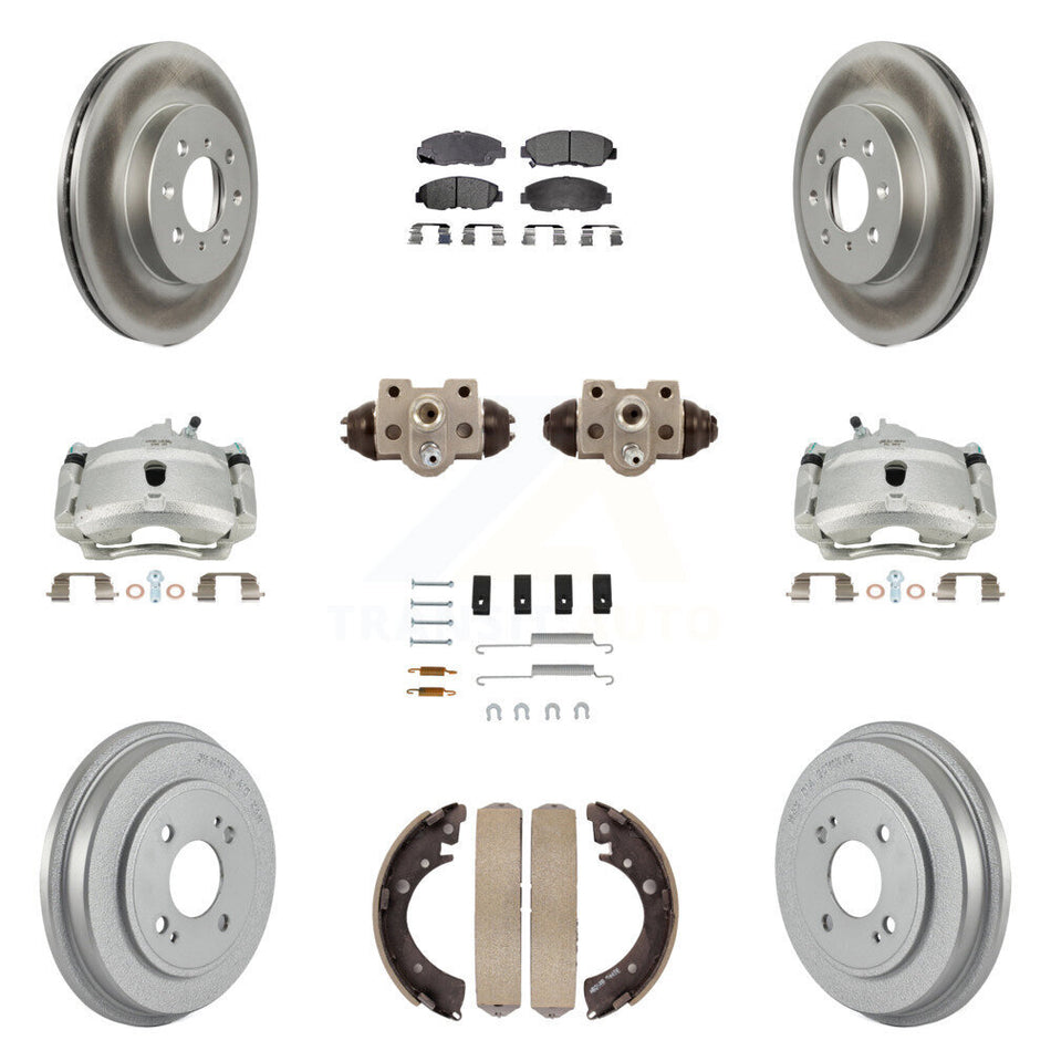 Front Rear Disc Brake Caliper Coated Rotors Drums Semi-Metallic Pads Shoes Wheel Cylinders And Hardware Kit (11Pc) For Honda Civic KCG-100385P