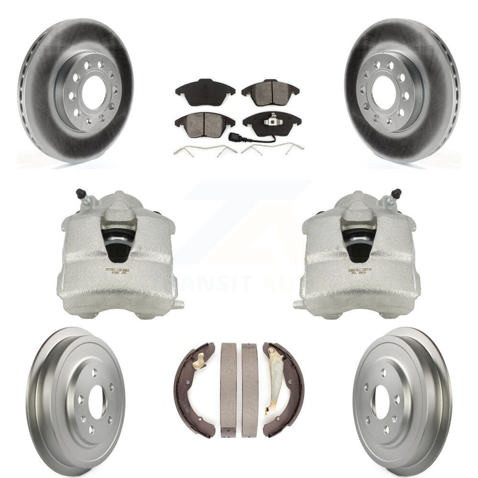 Front Rear Disc Brake Caliper Coated Rotors Drums Semi-Metallic Pads Kit (8Pc) For Volkswagen Jetta With 288mm Diameter Rotor KCG-100385S