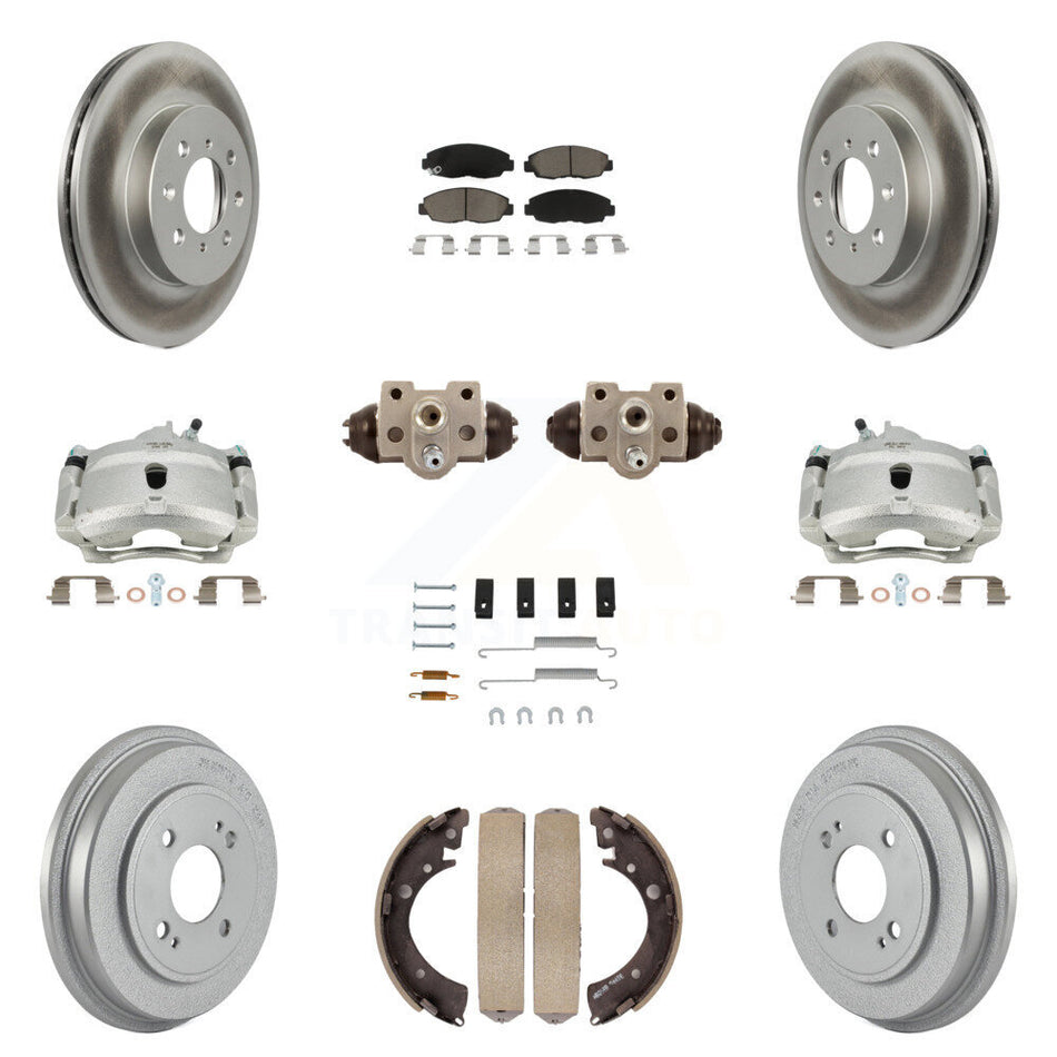 Front Rear Disc Brake Caliper Coated Rotors Drums Ceramic Pads Shoes Wheel Cylinders And Hardware Kit (11Pc) For Honda Civic KCG-100386C