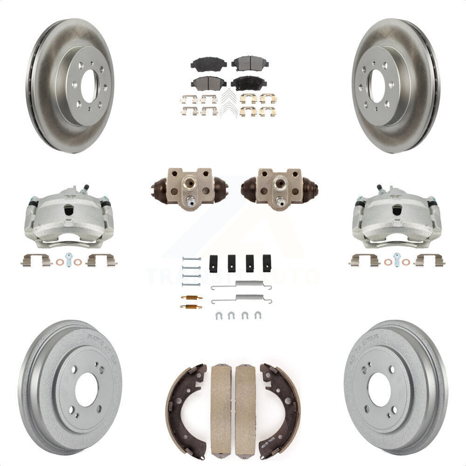 Front Rear Disc Brake Caliper Coated Rotors Drums Semi-Metallic Pads Shoes Wheel Cylinders And Hardware Kit (11Pc) For Honda Civic With 4 Lug Wheels KCG-100386P by Transit Auto